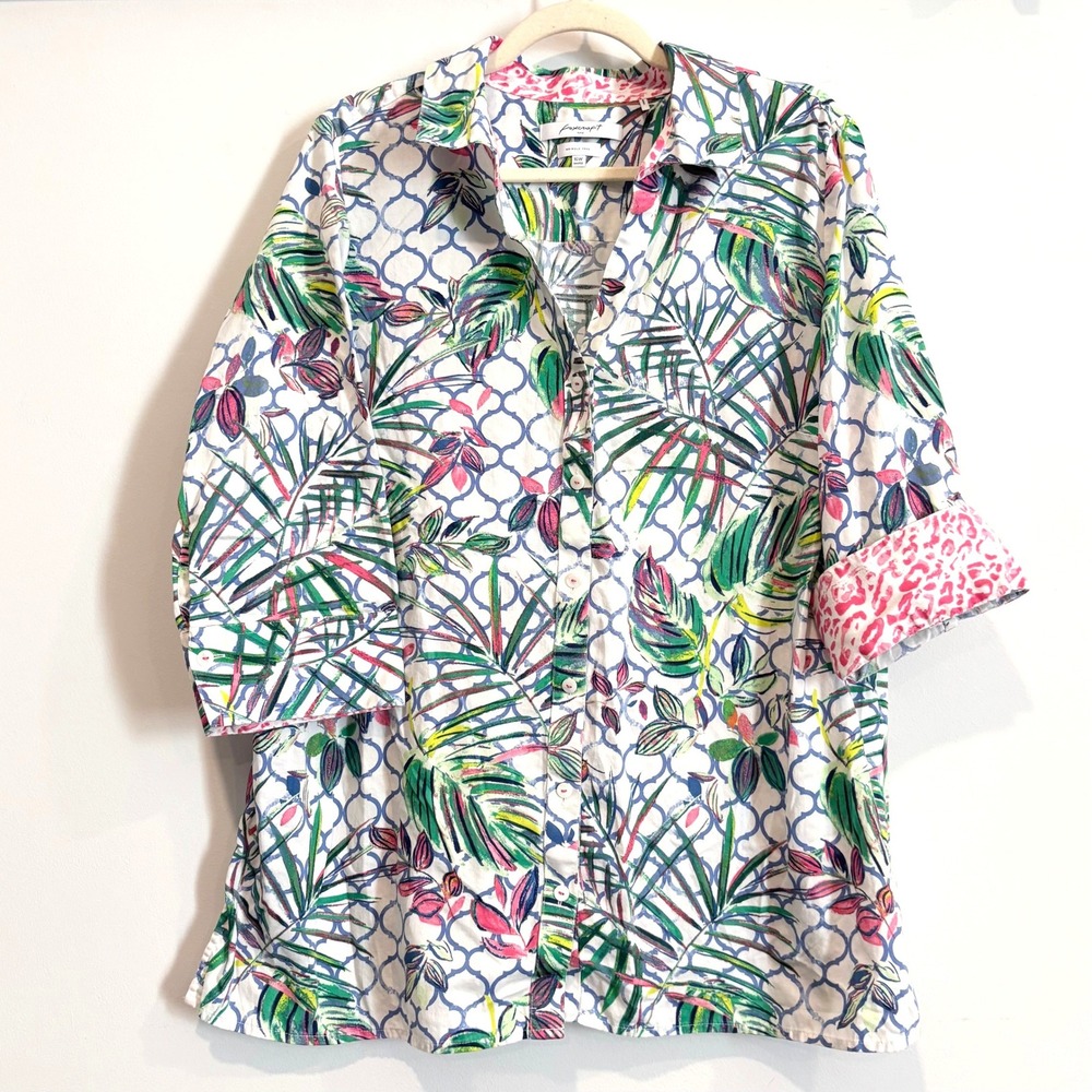Foxcroft Womens Button Up Shirt 16W Tropical Palm Leaf Coastal Summer 21565